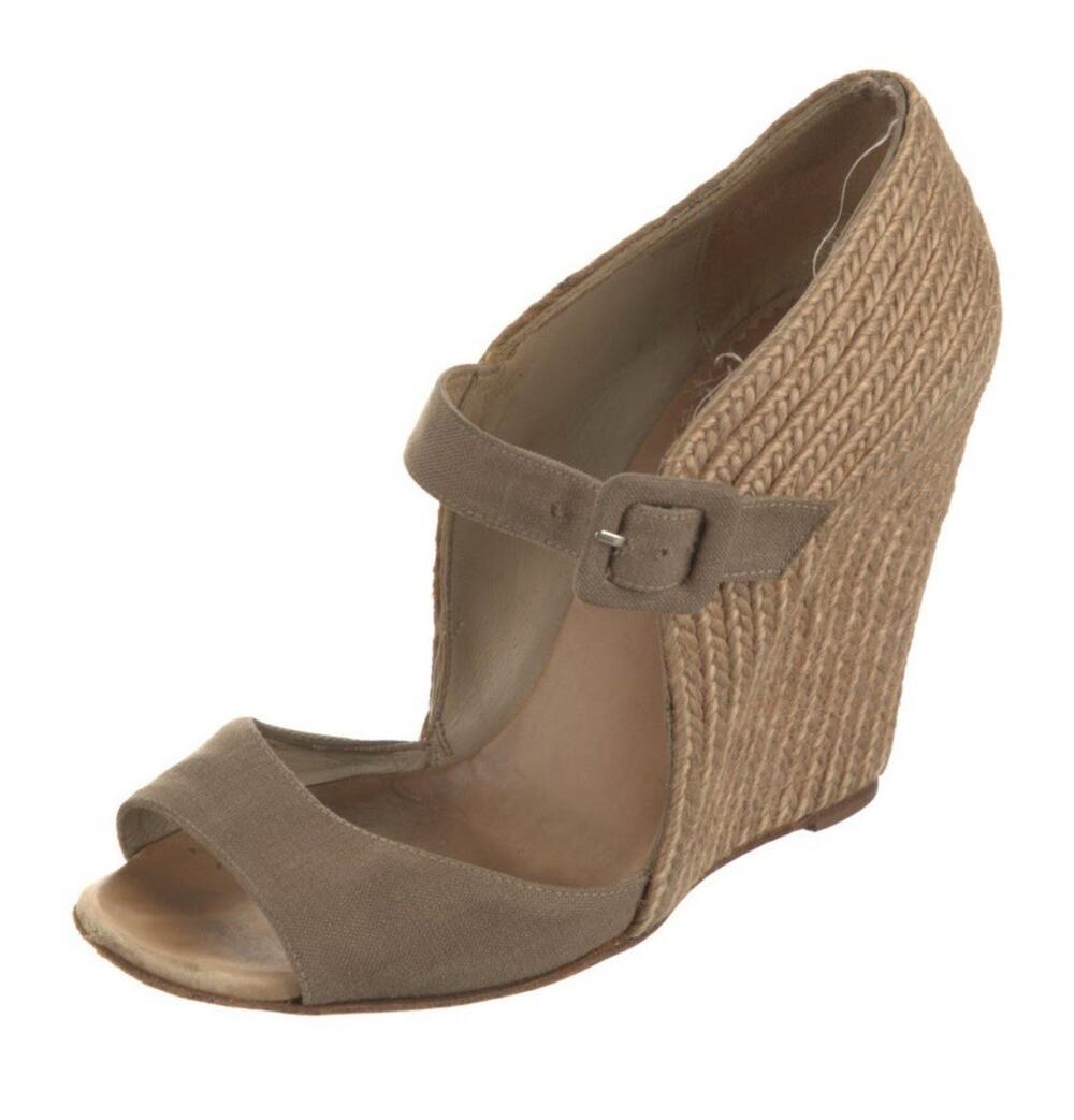 Authentic Christian Louboutin Taupe Linen Jute Peep Toe Espadrille Heels IT 37 7